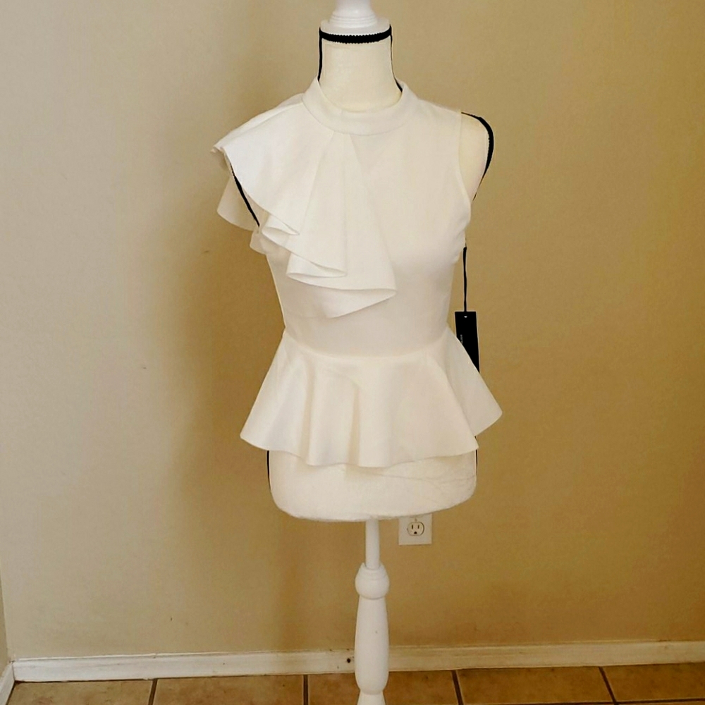 White, ruffle shoulder, peplum top